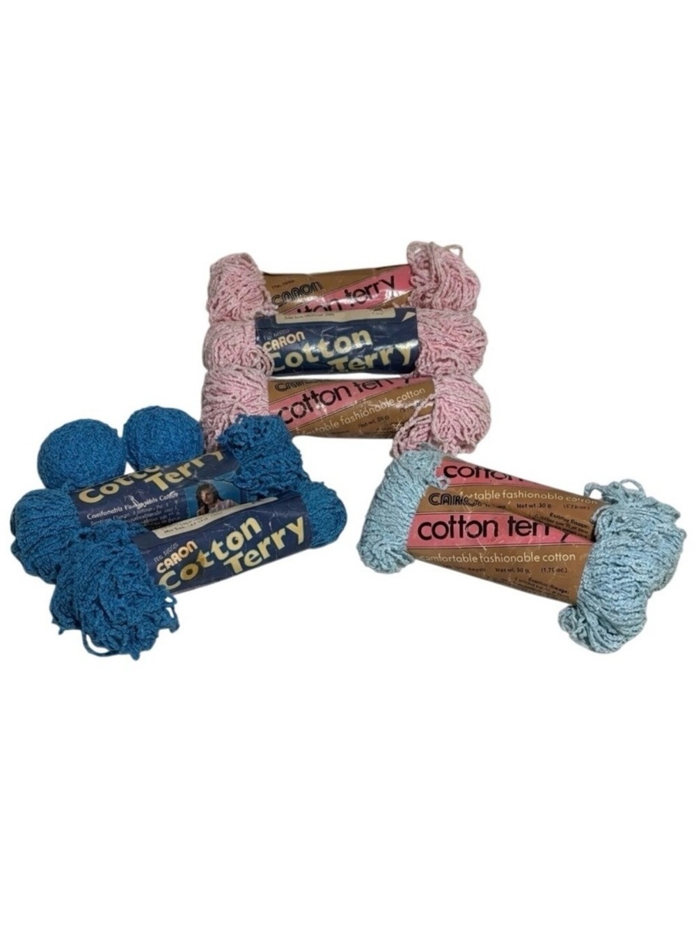 Vintage Caron Cotton Terry Yarn Lot 7 Skeins 50g 1.75 Zigzag Pink Blue 3 Colors